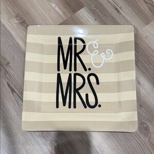 Striped Tan and Cream 'Mr. & Mrs.' Square Plate cheaped  small part no box